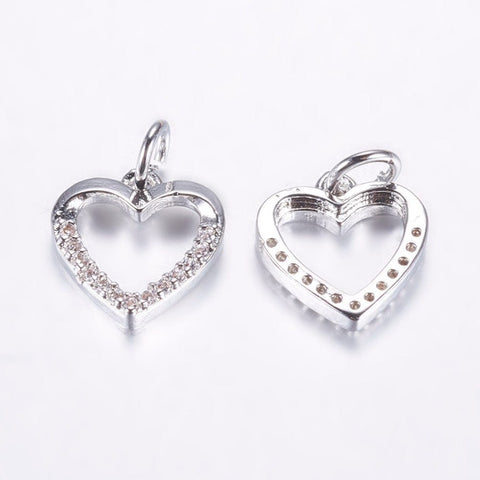 BeadsBalzar Beads & Crafts PLATINUM PLATED (GQH8773-P) (GQH8773-X) Brass Micro Pave Cubic Zirconia Charms, Hollow Heart,  11.5x11x2mm (2 PCS)