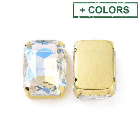 BeadsBalzar Beads & Crafts Rectangle Octagon Shape Sew on Glass Rhinestone, Faceted, Golden Tone 201 Stainless Steel Settings, 18x13x7mm