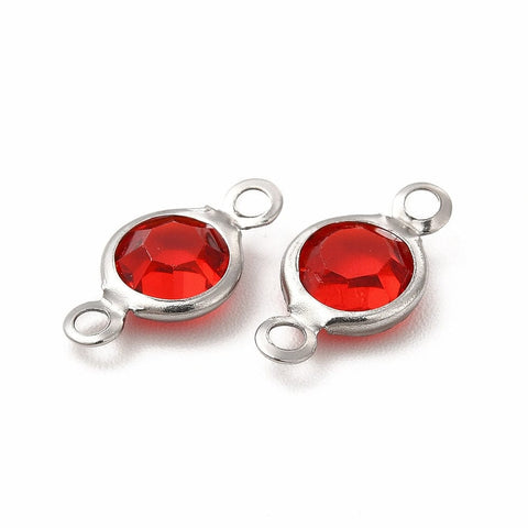 BeadsBalzar Beads & Crafts RED 304 Stainless Steel with Glass Connector Charms, Flat Round Links, Clear, 12.5x7x2mm