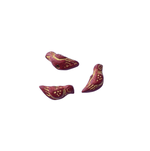 BeadsBalzar Beads & Crafts RED Hand Crafted Clay Bird Slider beads with Gold markings