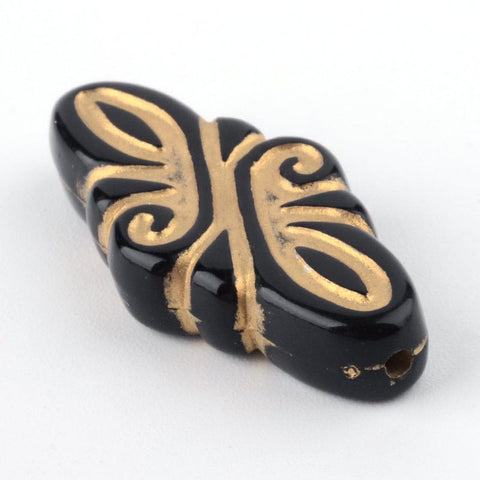 BeadsBalzar Beads & Crafts Rhombus Plating Acrylic Beads, Golden Metal Enlaced, Black, 30x14x5.5mm, Hole: 1mm