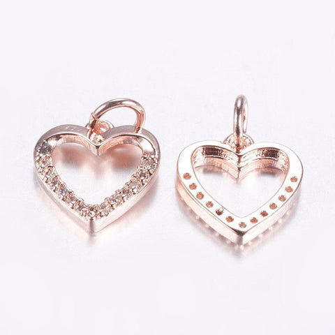 BeadsBalzar Beads & Crafts ROSE GOLD PLATED (GQH8773-RG) (GQH8773-X) Brass Micro Pave Cubic Zirconia Charms, Hollow Heart,  11.5x11x2mm (2 PCS)