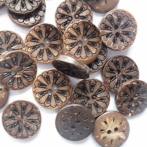 BeadsBalzar Beads & Crafts Round Carved 2-hole Basic Sewing Button, Coconut Button, 13mm