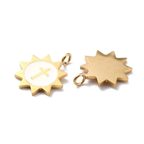 BeadsBalzar Beads & Crafts (SC8763G) Ion Plating(IP) 316 Surgical Stainless Steel Pendants, Enamel, Sun with Cross ,Golden, White, 14mm (2 PCS)
