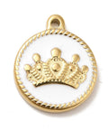 BeadsBalzar Beads & Crafts (SE8759-G) Ion Plating(IP) 304 Stainless Steel Pendant, with Enamel, Golden, Flat Round with Crown, White, 18.5mm (1 PC)