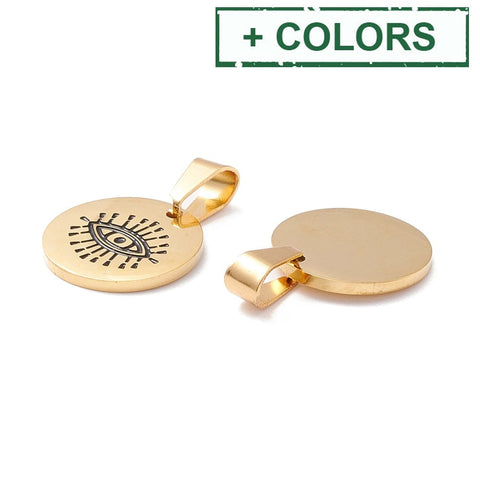 BeadsBalzar Beads & Crafts (SE8770-X) 304 Stainless Steel Enamel Pendants, Flat Round with Evil Eye Pattern, 22mm (2 PCS)