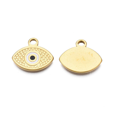 BeadsBalzar Beads & Crafts (SE8907-G) 304 Stainless Steel, Real 18K Gold Plated, Evil Eye, White, 20mm (2 PCS)