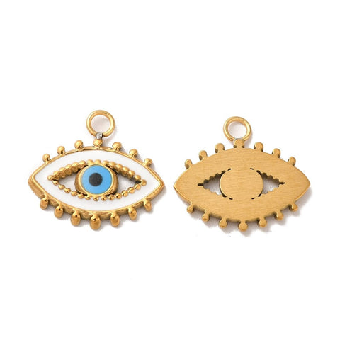 BeadsBalzar Beads & Crafts (SE8964-18G) Ion Plating(IP) 304 Stainless Steel Enamel, Evil Eye Charm, Golden, 17x19x2mm (2 PCS)