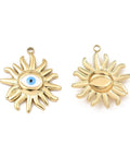 BeadsBalzar Beads & Crafts (SF9182-IGP) Ion Plating(IP) 316 Surgical Stainless Steel Pendants, with Enamel, Sun with Evil Eye Charm, Real 24K Gold Plated, 22.5x19x3mm (1 PC)