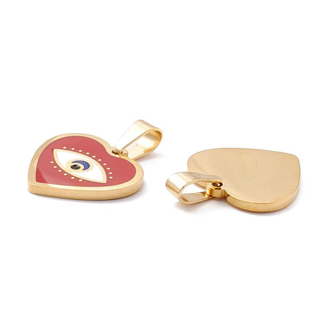 BeadsBalzar Beads & Crafts (SH8772G) Ion Plating(IP) 304 Stainless Steel Enamel Pendants, Heart with Eye, Golden, 15x15x1.5mm (2 PCS)