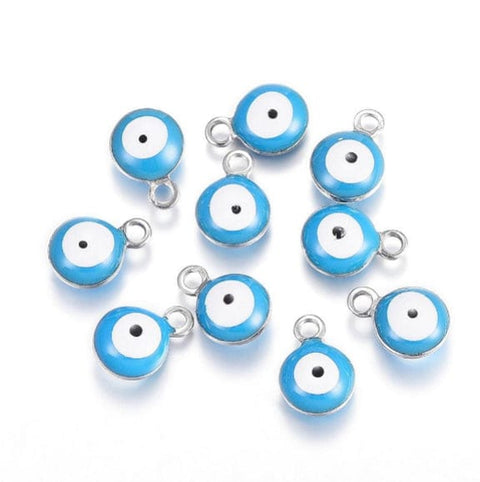 BeadsBalzar Beads & Crafts SKY BLUE 304 Stainless Steel Enamel Charms, Flat Round, Eye, 8MM, Choose Color