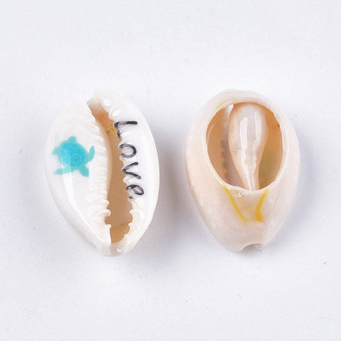 BeadsBalzar Beads & Crafts (SL6469C) Printed Cowrie Shell Beads, No Hole-Undrilled, Sea Turtle & Love, DarkTurquoise Size: about 18~23mm long, (5 PCS)