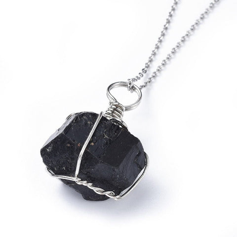 BeadsBalzar Beads & Crafts (SN8915-BLA) Natural Tourmaline Pendant Necklaces, with 304 Stainless Steel Cable Chains, Black (44.5cm)