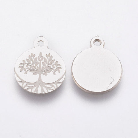 BeadsBalzar Beads & Crafts (ST9150-P) 304 Stainless Steel Charms, Flat Round with Tree of Life, 10x12mm (4 PCS)