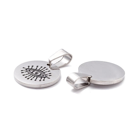 BeadsBalzar Beads & Crafts STAINLESS STEEL (SE8770P) (SE8770-X) 304 Stainless Steel Enamel Pendants, Flat Round with Evil Eye Pattern, 22mm (2 PCS)