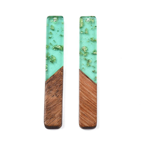 BeadsBalzar Beads & Crafts TRANSPARENT TURQUOISE WITH GOLD FOIL (RR8783-A02) (RR8783-X) Resin & Walnut Wood Big Pendants, Rectangle Charm, 51.5x7.5x3mm (2 PCS)