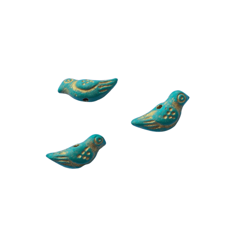 BeadsBalzar Beads & Crafts TURQUIOSE Hand Crafted Clay Bird Slider beads with Gold markings