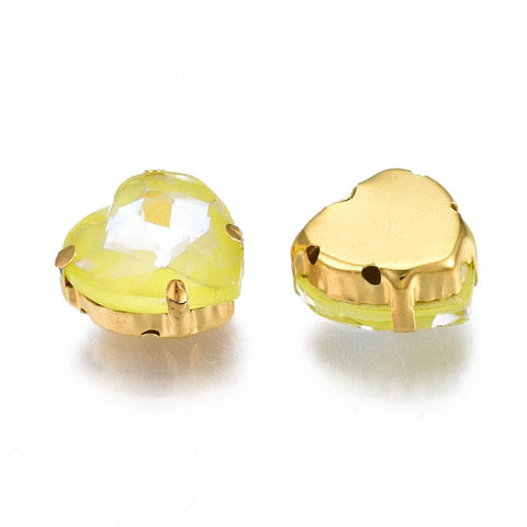 BeadsBalzar Beads & Crafts YELLOW Sew on Rhinestone, Glass Rhinestone, Golden Plated 201 Stainless Steel Prong Settings, Heart, 12x12x6mm