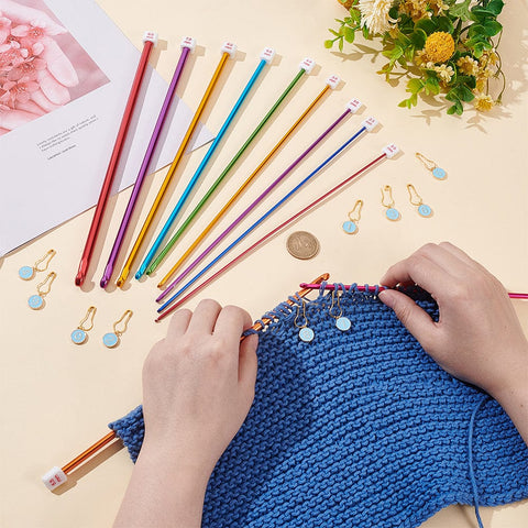BeadsBalzar Craft Store 1 Set Aluminum Tunisian Crochet Hooks, with 1 Set Alloy Enamel Number Locking Stitch Marker