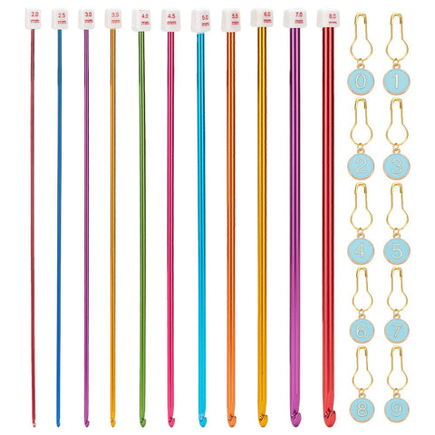 BeadsBalzar Craft Store 1 Set Aluminum Tunisian Crochet Hooks, with 1 Set Alloy Enamel Number Locking Stitch Marker