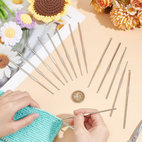 BeadsBalzar Craft Store 14Pcs 14 Style Iron Thin Knitting Needles, Lace Craft Crochet Hooks, Platinum