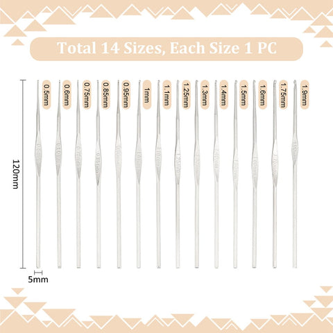 BeadsBalzar Craft Store 14Pcs 14 Style Iron Thin Knitting Needles, Lace Craft Crochet Hooks, Platinum