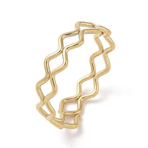 BeadsBalzar Craft Store 18K Gold Ion Plated 304 Stainless Steel Wave Finger Rings for Women, Real 18K Gold Plated 17mm