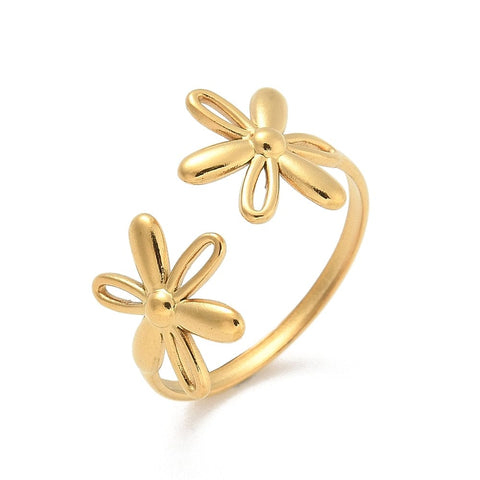BeadsBalzar Craft Store 18K Gold Ion-Plated 304 Steel Flower Cuff Ring