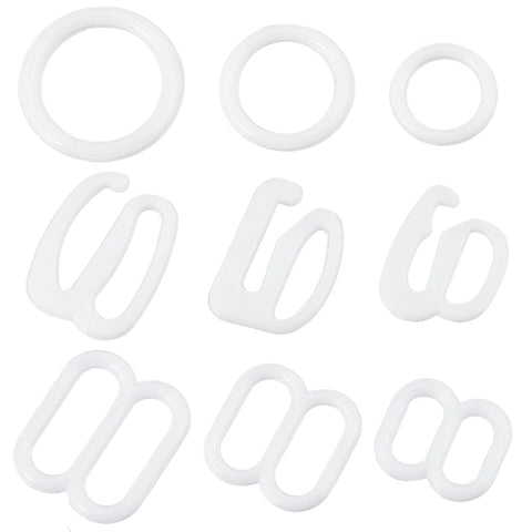 BeadsBalzar Craft Store 270Pcs 9 Style Plastic Underwear Strap Adjustment Buckles, Bra Slider Hoop, White