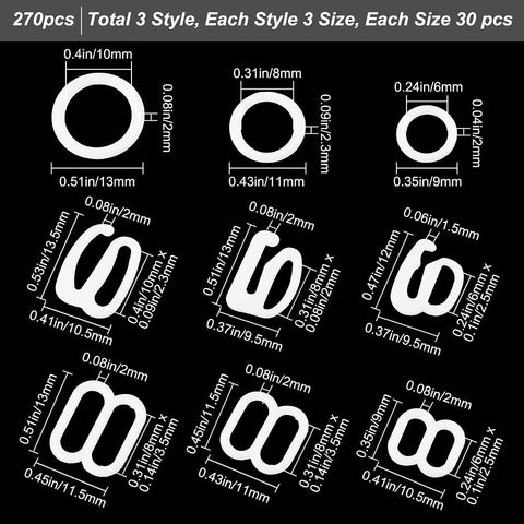 BeadsBalzar Craft Store 270Pcs 9 Style Plastic Underwear Strap Adjustment Buckles, Bra Slider Hoop, White