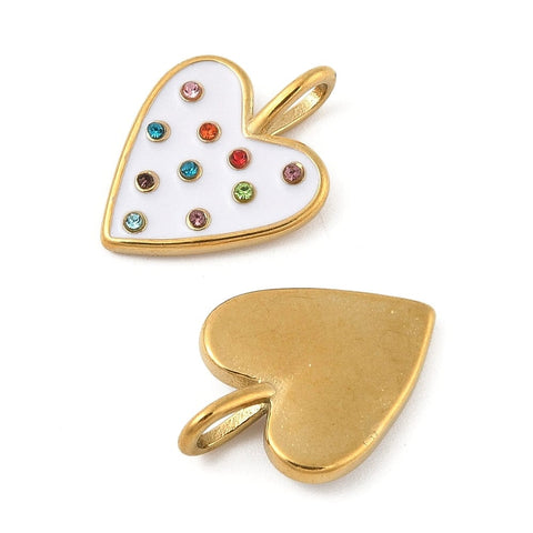 BeadsBalzar Craft Store 304 Stainless Steel Enamel Heart Pendants – White with Colorful Rhinestones – Real 18K Gold Plated  – 20.5x15mm
