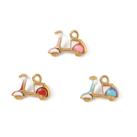 BeadsBalzar Craft Store 304 Stainless Steel Enamel Motorbike Pendants – Real 18K Gold Plated – 16x11mm
