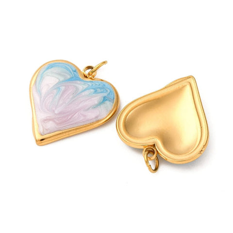 BeadsBalzar Craft Store 304 Stainless Steel Enamel Pendants, Ion Plated, Heart Charm, Real 18K Gold Plated