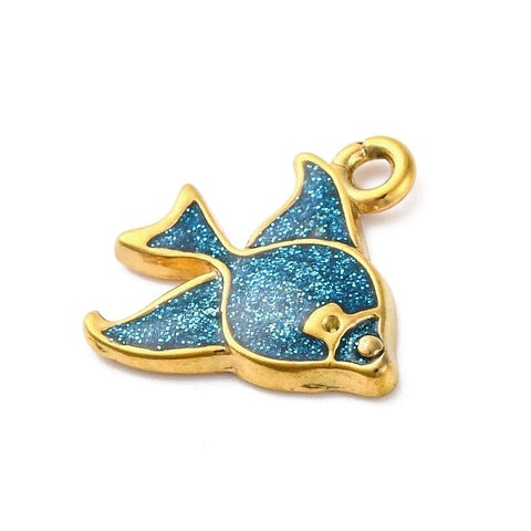BeadsBalzar Craft Store 304 Stainless Steel Enamel Pendants, Ion Plating(IP), Real 18K Gold Plated, Glitter Powder Fish, Blue