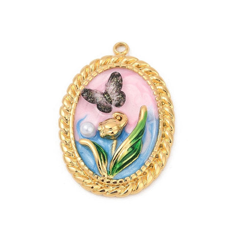BeadsBalzar Craft Store 304 Stainless Steel Enamel Pendants, with resin Imitation Pearl Finding, Ion Plated
