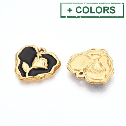 BeadsBalzar Craft Store 304 Stainless Steel Heart with Flower Enamel Pendants, 18K Gold Plated, Ion Plated