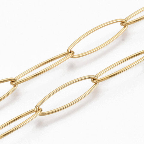 BeadsBalzar Craft Store 304 Stainless Steel Paperclip Chains, Drawn Elongated Cable Chain, Soldered, Golden