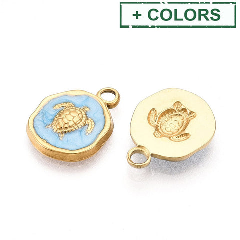 BeadsBalzar Craft Store 304 Stainless Steel Pendants, with Enamel, Flat Round with Turtle Charms, Light Sky Blue