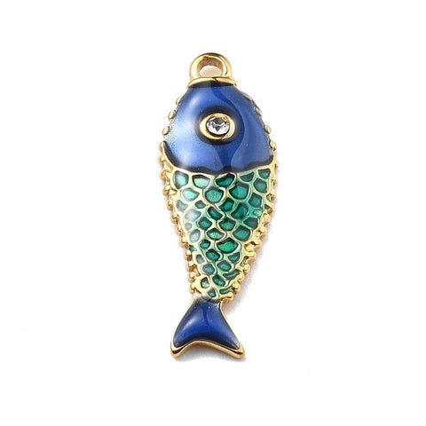 BeadsBalzar Craft Store 304 Stainless Steel Pendants, with Rhinestone, Fish, Real 18K Gold Plated, Dark Cyan
