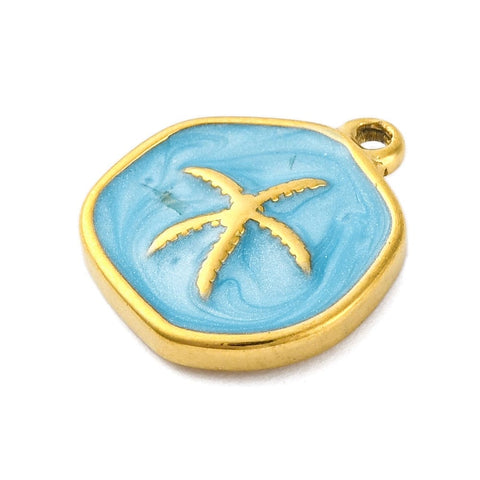 BeadsBalzar Craft Store 304 Stainless Steel Starfish Enamel Pendant – Flat Round, Real 18K Gold Plated, 16.5x14.5mm | Ion Plated Ocean Charm