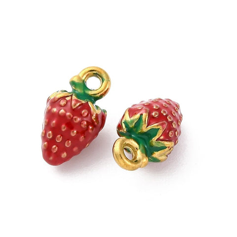 BeadsBalzar Craft Store 304 Stainless Steel Strawberry Enamel Pendants – Red, Real 18K Gold Plated | Ion Plated