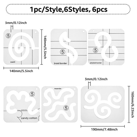 BeadsBalzar Craft Store 6Pcs 6 Styles Acrylic Quilting Templates, DIY Patchwork Sewing Crafts, Wave/Vortex, Clear