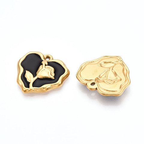 BeadsBalzar Craft Store BLACK 304 Stainless Steel Heart with Flower Enamel Pendants, 18K Gold Plated, Ion Plated