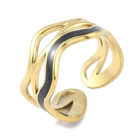 BeadsBalzar Craft Store BLACK ENAMEL Ion Gold Plated 304 Stainless Steel Enamel Wave Cuff Finger Ring