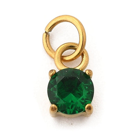 BeadsBalzar Craft Store DARK GREEN 304 Stainless Steel Micro Pave Cubic Zirconia Pendants, Round, Real 18K Gold Plated