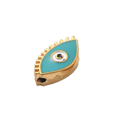 BeadsBalzar Craft Store DARK TURQUOISE Ion Plated 304 Stainless Steel Beads, with Enamel, Real 18K Gold Plated, Eye