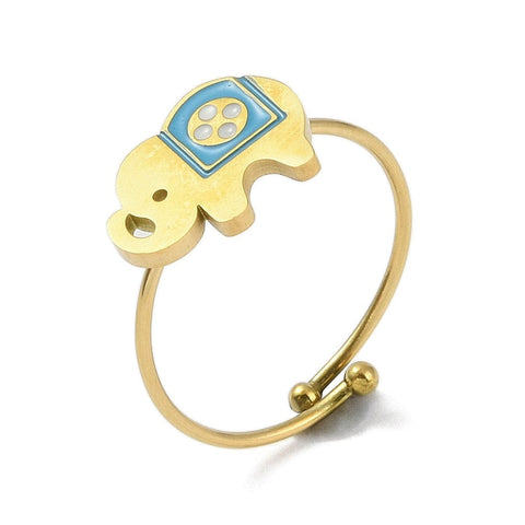 BeadsBalzar Craft Store DEEP SKY BLUE Ion Plated Elephant 304 Stainless Steel Enamel Ring