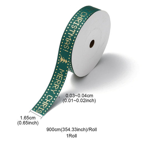 BeadsBalzar Craft Store GREEN Christmas Grosgrain Ribbon – Flat Polyester Hot Stamping Ribbon, Merry Christmas print, 5/8" (16.5mm)