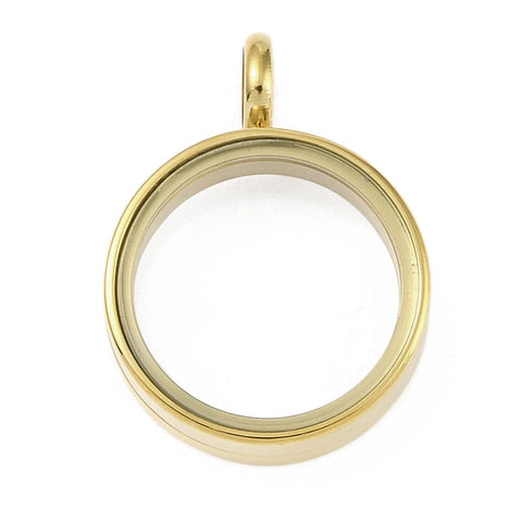 BeadsBalzar Craft Store ION GOLD PLATED 304 Stainless Steel Locket Pendants, with Glass, Flat Round Charm for photo