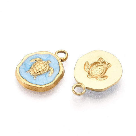 BeadsBalzar Craft Store ION GOLD PLATED 304 Stainless Steel Pendants, with Enamel, Flat Round with Turtle Charms, Light Sky Blue